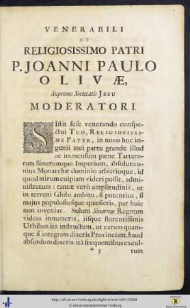 Venerabili Et Religiosissimo Patri P. Joanni Paulo Olivae, Supremo Societatis Jesu Moderatori.