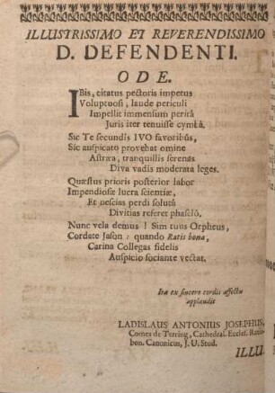 Illustrissimo Et Reverendissimo D. Defendenti. Ode.