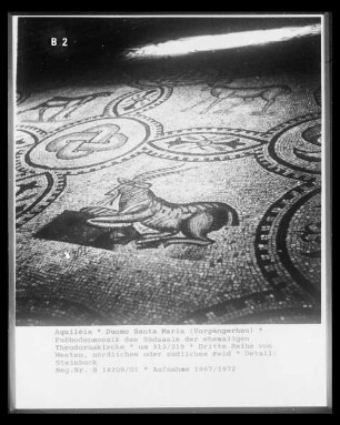Fußbodenmosaik des Südsaals: Menschen-,Tier- und Pflanzendarstellungen umgeben von Rankenornamenten — Tierdarstellungen zwischen geometrischer Ornamentik — Steinbock