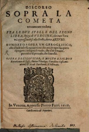 Discorso sopra la cometa : [1618]