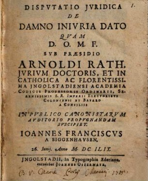 Dispvtatio Jvridica De Damno Inivria Dato