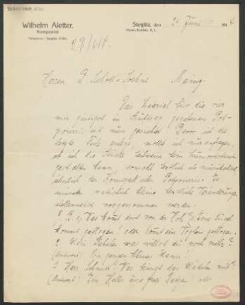 Brief an B. Schott's Söhne : 24.06.1914