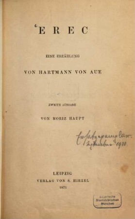 Erec : Eine Erzählung von Hartmannn von Aue