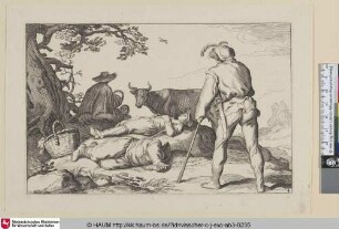 [Vier Hirten, teilweise schlafend, und ein Rind]
