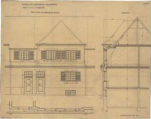 Fischer, Theodor; München - Laim, Gunzenlehstr.; Wohnsiedung Bauhandwerk-Gesellschaft Neu-Westend - Baublock IV Gunzenlestrasse Ost (Grundriss,Ansicht, Querschnitt)