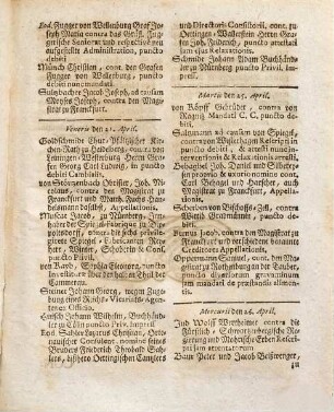 Rubra deren bey dem höchst-preyßlichen Reichs-Vicariats-Hof-Gericht in Augspurg resolvirten Sachen. [2], Continuatio Rubrarum ... Pro Mense Aprili, 1741