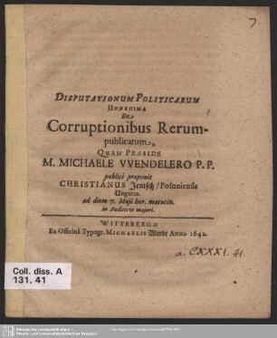 Disputationum politicarum undecima de corruptionibus rerumpublicarum