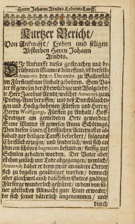 Kurtzer Bericht, Von Ankunfft, Leben und seligen Absterben Herrn Johann Arndts