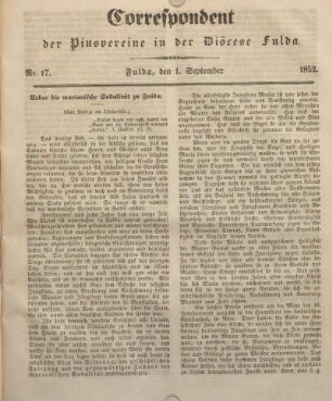 Nr. 17. Fulda, den 1. September 1852.