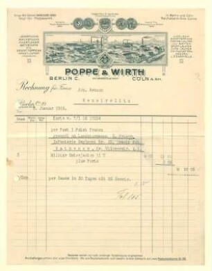 Rechnung der Aktiengesellschaft Poppe & Wirth A.G., Gertraudtenstraße 23.