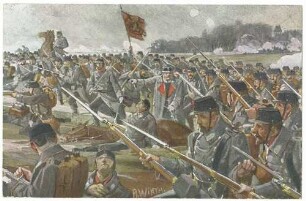 Der Angriff des kgl. württ. Infanterie-Regiment Nr. 1 bei Coeuilly am 30. November 1870, vier Kompanien des Regiments mit Standarte erstürmen Anhöhe, Oberst und Kommandeur von Berger findet dabei den Tod