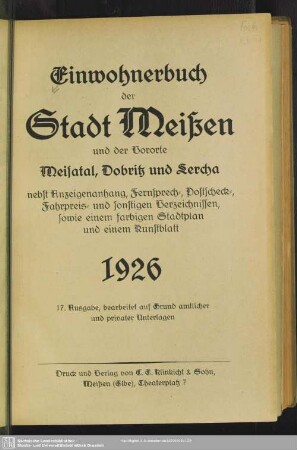 17.1926/27(1926): Einwohnerbuch der Stadt Meißen und der Vororte Meisatal, Dobritz und Lercha