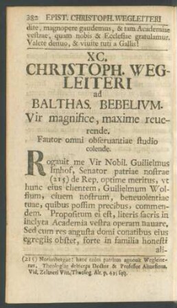 XC. Christoph. Wegleiteri ad Balthas. Bebelium