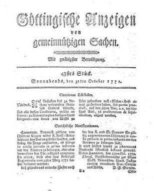 43stes Stück. Sonnabends, den 31ten October 1772.