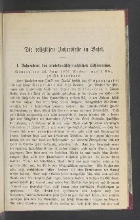 I. Jahresfeier des protestantisch-kirchlichen Hilfsvereins