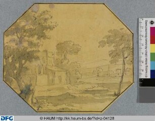 Landhaus zwischen Bäumen an einem Fluss