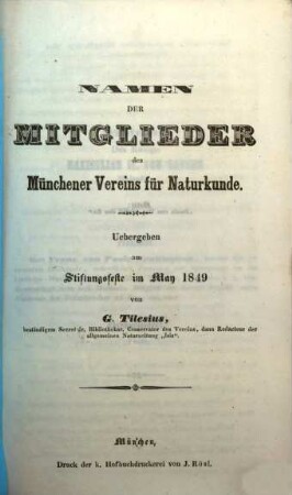 Namen der Mitglieder des Münchener Vereins für Naturkunde : übergeben am Stiftungsfeste, im Mai 1849
