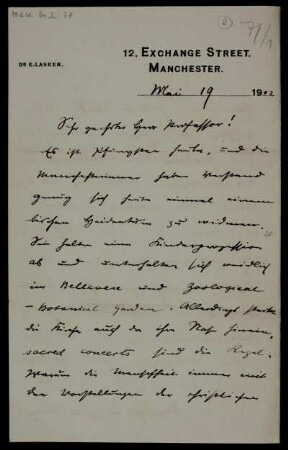 Nr. 8: Brief von Emanuel Lasker an Adolf Hurwitz, Manchester, 19.5.1902