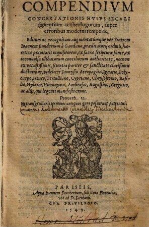 Compendivm Concertationis Hvivs Secvli sapientium ac theologorum, super erroribus moderni temporis