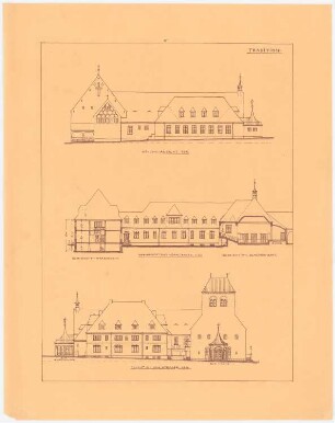 Kirche und Gemeinderäume, Stettin: Aufriss Rückansicht, Hofansicht des Saalbaus, Ansicht von der Straße, 1:200