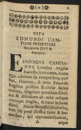Vita Edmundi Campiani Presbyteri Societatis JESU & Martyris
