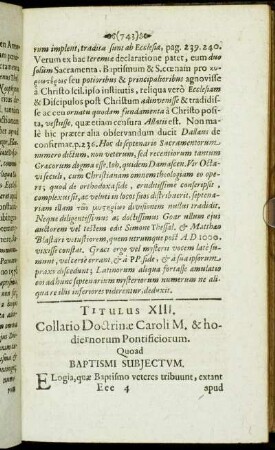 Titulus XIII. Collatio Doctrinæ Caroli M. & hodiernorum Pontificiorum. Quoad Baptismi Subjectum.