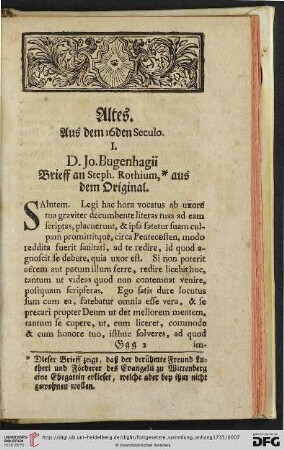 Altes [I. D. Jo. Bugenhagii Brieff an Steph. Rothium, aus dem Original – V. Ant. Creguti Differtation de sufficientia & efficacia mortis Christi]