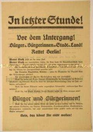 Gegen die Sozialdemokraten gerichteter programmatischer Wahlaufruf der Deutschnationalen Volkspartei an die Berliner - gegen Zwangswirtschaft, pro wirtschaftlichen Wiederaufbau und Steuerentlastung