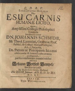 Exercitatio Moralis De Esu Carnis Humanae Licito