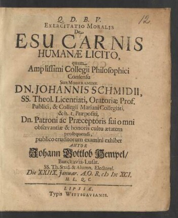 Exercitatio Moralis De Esu Carnis Humanae Licito