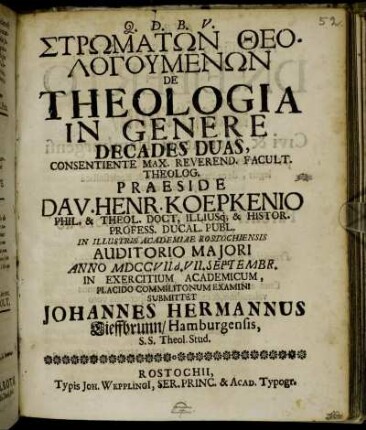 Strōmatōn Theologumenōn De Theologia In Genere Decades Duas