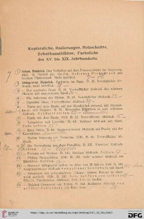 Kupferstiche, Radierungen, Holzschnitte, Schabkunstblätter, Farbstiche des XV. bis XIX. Jahrhunderts (Nr. 1-439)