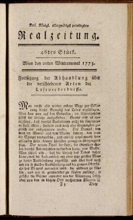 46tes Stück. Wien den 20ten Wintermonat 1773.