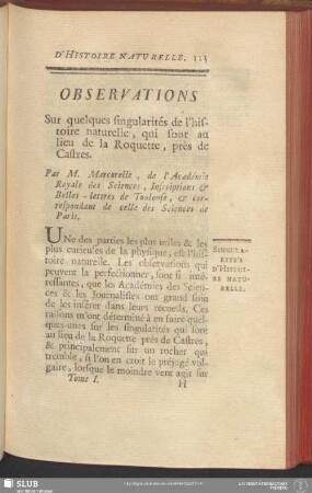 Observations Sur quelques singularités de l'histoire naturelle, qui sont au lieu de la Roquette, près de Castres