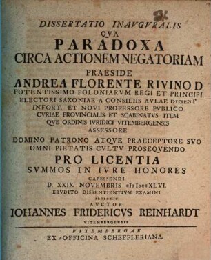 Diss. inaug. quae paradoxa circa actionem negatoriam