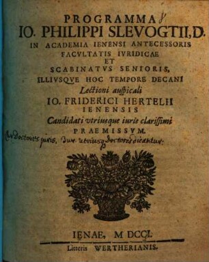 Programma lectioni ausp. J. F. Hertii praemissum : [disseritur de origine nominis iuris utriusque doctoris]