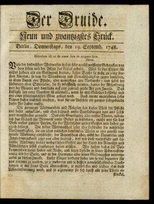 Neun und zwanzigstes Stück. Berlin, Donnerstags, den 19. Septemb. 1748