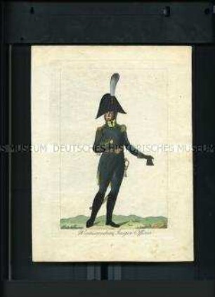 Uniformdarstellung, Offizier des Herzoglich Weimarschen Jäger-Korps, Sachsen 1807/1812. Aus: Weiland: Darstellung der Stärke und Organisation der Kaiserlich Französischen Armee und ihrer Alliierten im Jahr 1807 und 1812 nebst 148 Kupfern, die Uniformen derselben darstellend. Weimar, 1812.