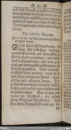 Die XXXIV. Maxime. Seine Kräffte und Vermögen wohl prüfen und erkennen lernen