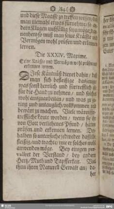 Die XXXIV. Maxime. Seine Kräffte und Vermögen wohl prüfen und erkennen lernen