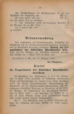 Bekanntmachung. Statut die Organisation des städtischen Pfandhauses betreffend.