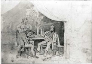 Schlafende Gäste : Schlafende Gäste (bezeichnet von fremder Hand "Wenig verdient, viel verzehrt"). Bleistiftzeichnung, aquarelliert; 18 x 26 cm (um 1850/1851; E. Leonhardi). Privatbesitz