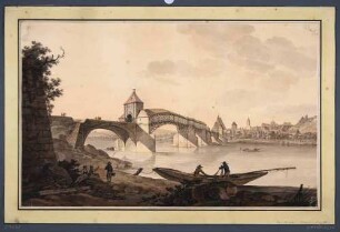 Die Elbbrücke in Meißen, Blick vom rechten Ufer unmittelbar unterhalb der Brücke über die Elbe auf die Altstadt mit der Franziskanerklosterkirche (heute Stadtmuseum) und der Frauenkirche im Hintergrund