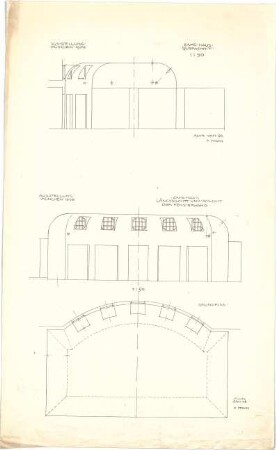 Pfann, Paul; München - Theresienhöhe; Ausstellung München 1908 - Cafehaus mit Fensterwand (Grundriss,Längsschnitt m. Ansicht); Cafehaus (Querschnitt)