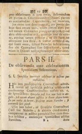 19-139, Pars II. De observandis ante celebrationem Sponsalium Solemnium.
