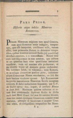 Pars Prior. Historia atque indoles Mimorum Romanorum.
