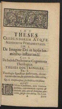Cap. I. De Indole Doctrinae ac Cognitionis Theologicae.