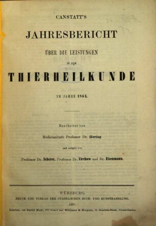 Canstatt's Jahresbericht über die Leistungen in der Thierheilkunde. 1864 (1865)