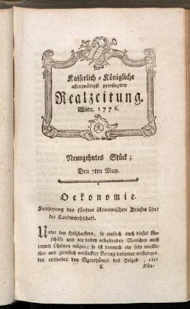Neunzehntes Stück; Den 7ten May. Wien, 1776.