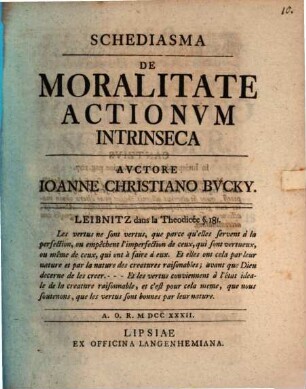 Schediasma De Moralitate Actionvm Intrinseca
